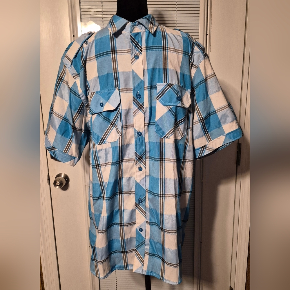 Men's Blac Laquer Blue and White Plaid Men's Shirt 2XL